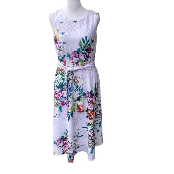 DKNY Ladies White Floral Sleeveless Midi A-line Round Neck Dress With Belt Sz 6 - Picture 6 of 15